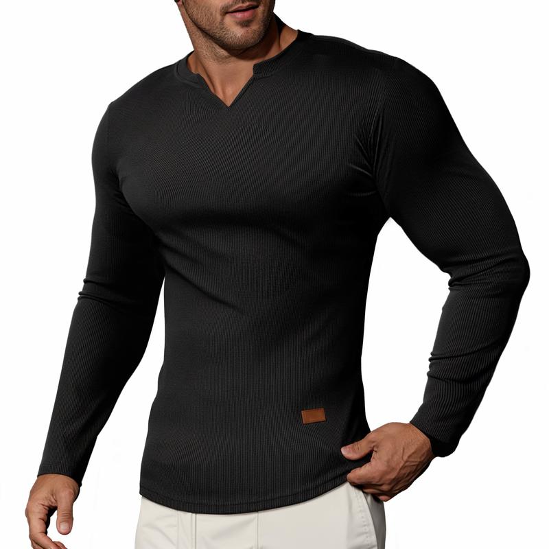 💗LAST DAY PROMOTION - 50%OFF V-Neck Longline Ribbed Tees Shirts Long Sleeve Gym Workout Athletic Menswear Tops
