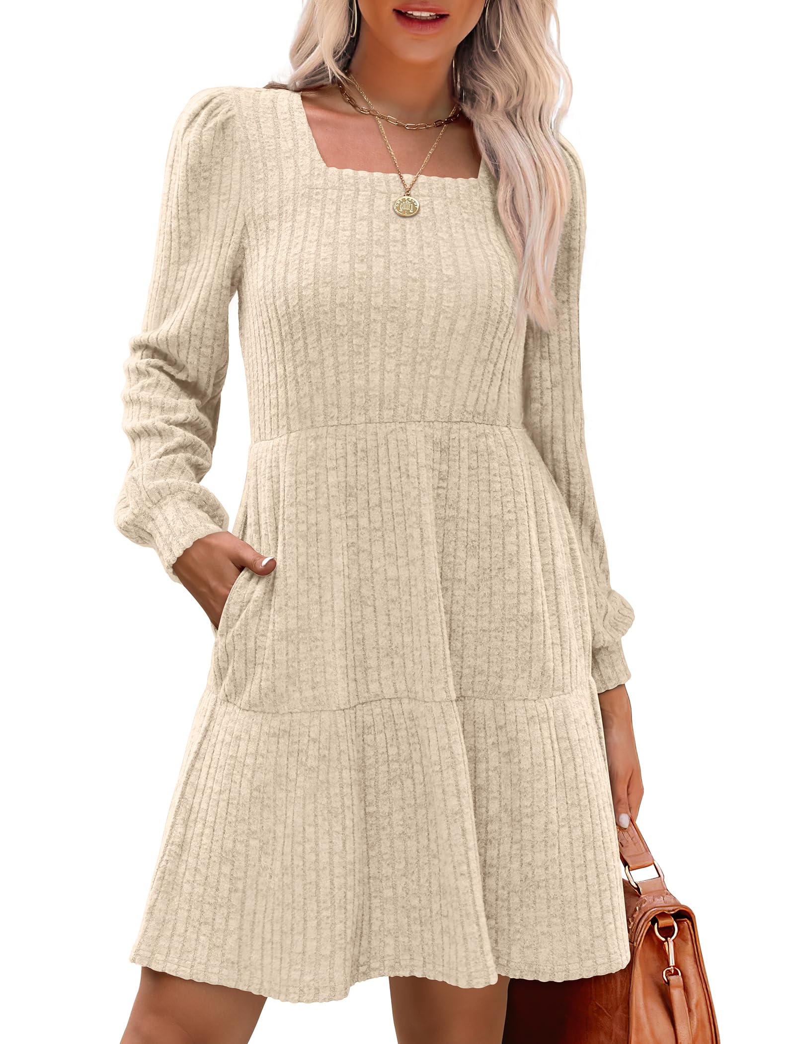🍂2025 Autumn New Style 50% OFF⏰Women's Square Neck Lantern Sleeve Ribbed Dress|Glow in Autumnal Elegance!🍁