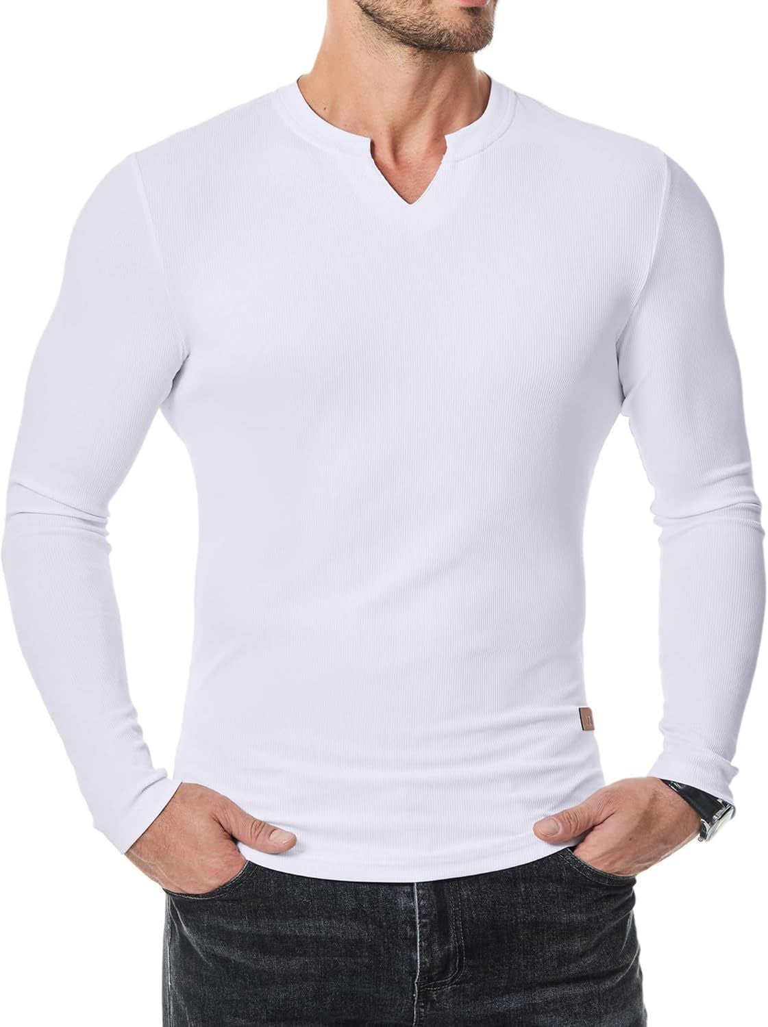 💗LAST DAY PROMOTION - 50%OFF V-Neck Longline Ribbed Tees Shirts Long Sleeve Gym Workout Athletic Menswear Tops