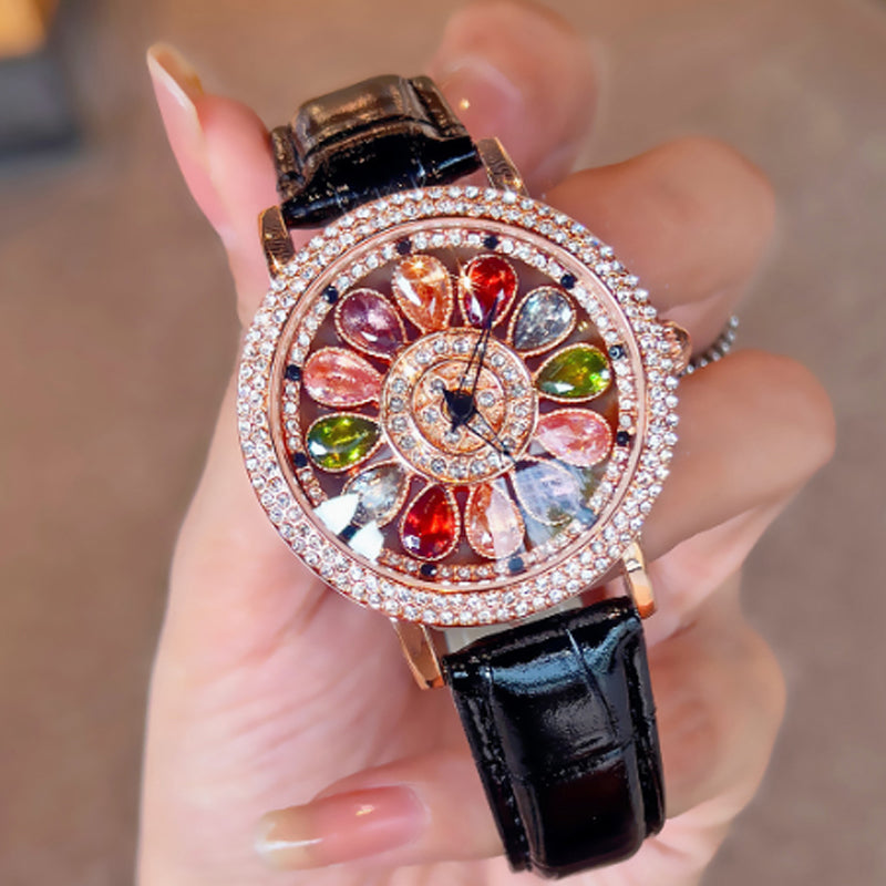 Women's Rotating Dial Watch with Colored Simulated Diamonds