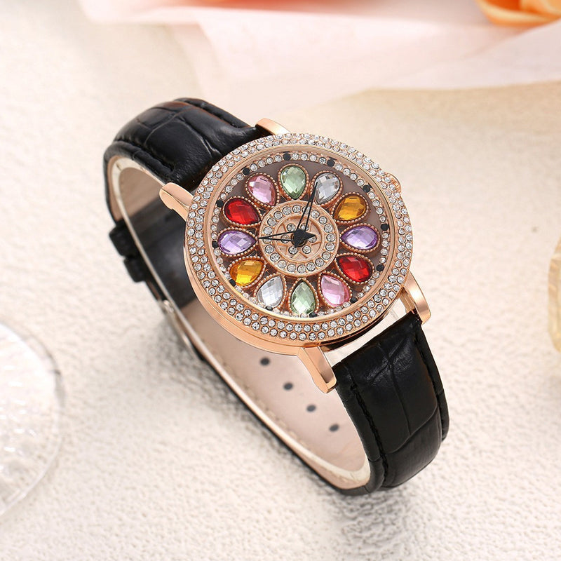 Women's Rotating Dial Watch with Colored Simulated Diamonds