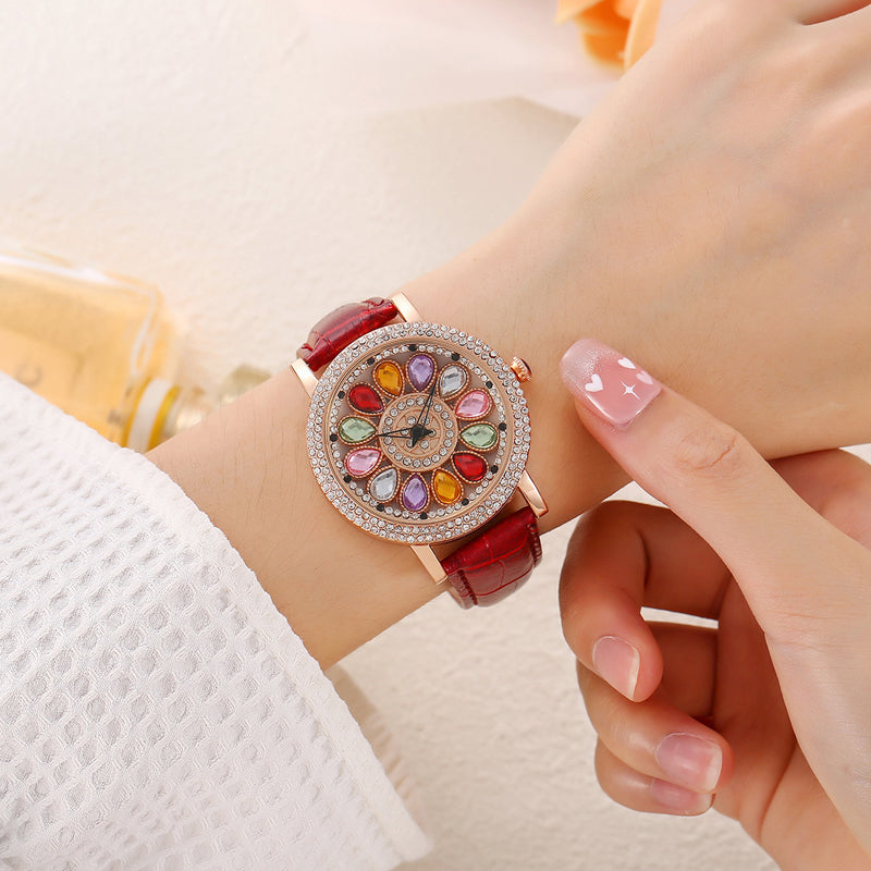 Women's Rotating Dial Watch with Colored Simulated Diamonds