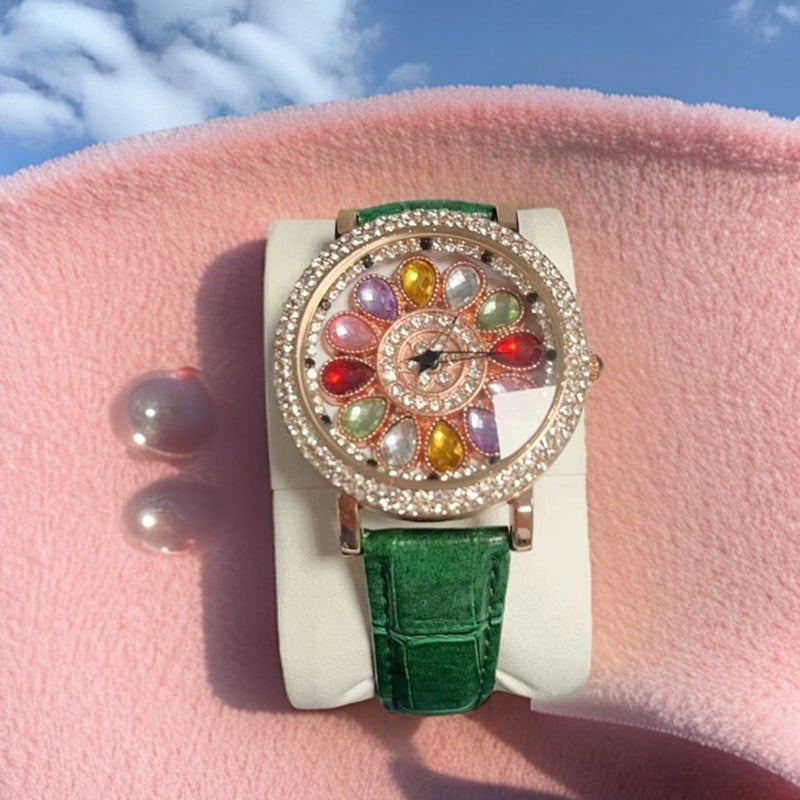 Women's Rotating Dial Watch with Colored Simulated Diamonds