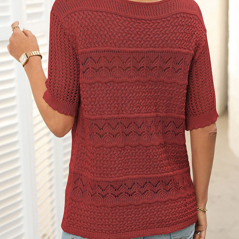 🎉Hot Sale 49% OFF🎉Women's Round Neck Hollow Knit Crochet Short Sleeve Sweater