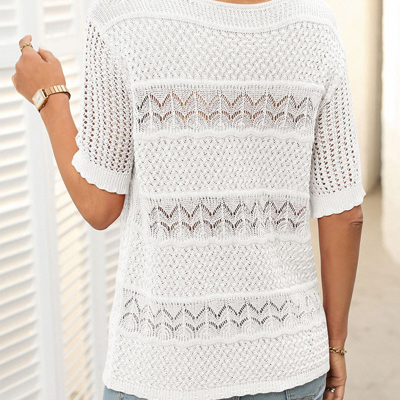 🎉Hot Sale 49% OFF🎉Women's Round Neck Hollow Knit Crochet Short Sleeve Sweater