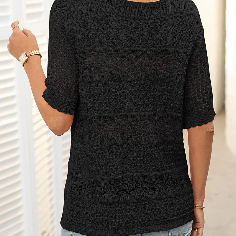 🎉Hot Sale 49% OFF🎉Women's Round Neck Hollow Knit Crochet Short Sleeve Sweater