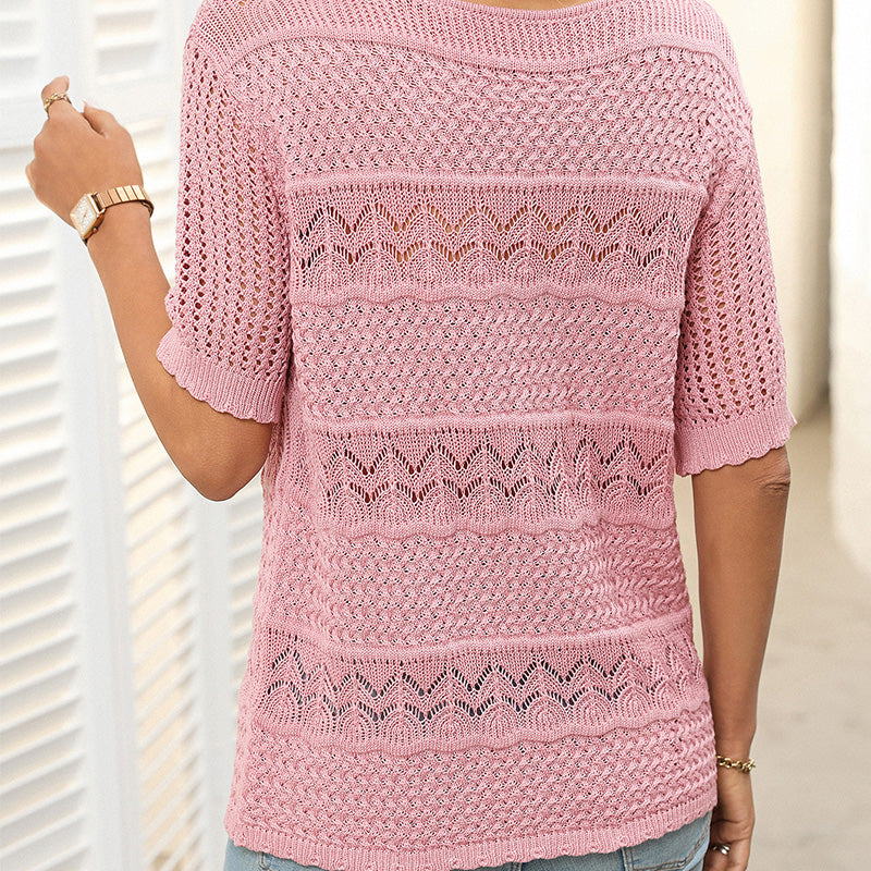 🎉Hot Sale 49% OFF🎉Women's Round Neck Hollow Knit Crochet Short Sleeve Sweater