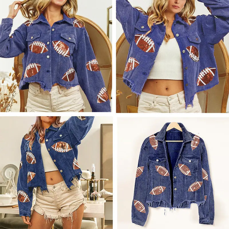 🔥Limited time offer 50% off🔥 Women's Corduroy Jacket with Football Sequin Patch🧥