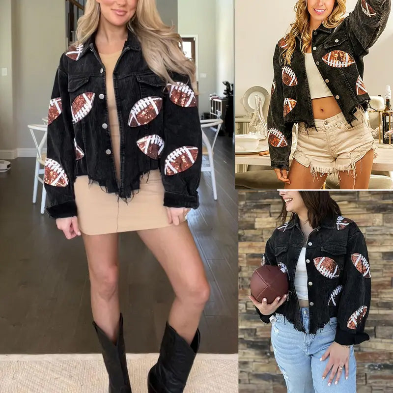 🔥Limited time offer 50% off🔥 Women's Corduroy Jacket with Football Sequin Patch🧥