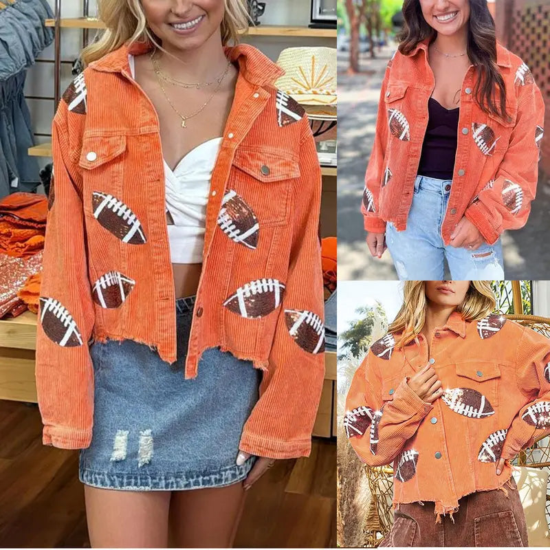 🔥Limited time offer 50% off🔥 Women's Corduroy Jacket with Football Sequin Patch🧥