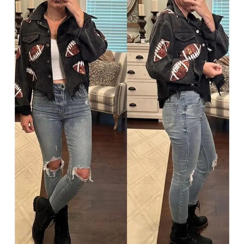 🔥Limited time offer 50% off🔥 Women's Corduroy Jacket with Football Sequin Patch🧥