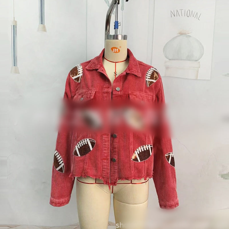 🔥Limited time offer 50% off🔥 Women's Corduroy Jacket with Football Sequin Patch🧥