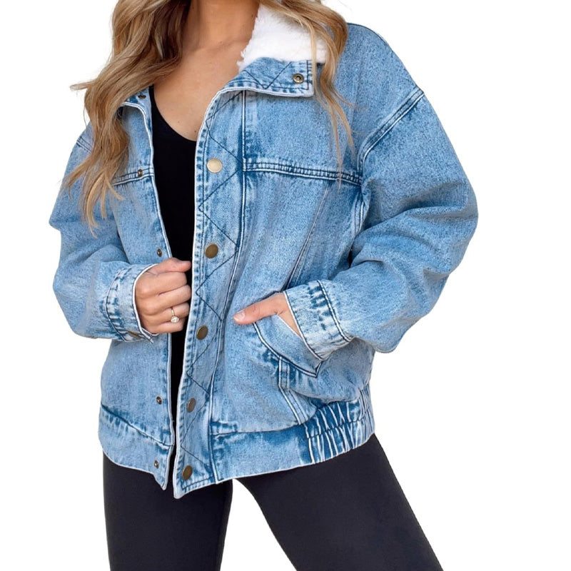 🔥Limited quantity, while stocks last🔥 Denim Jacket with Plush Faux Fur Collar for Women