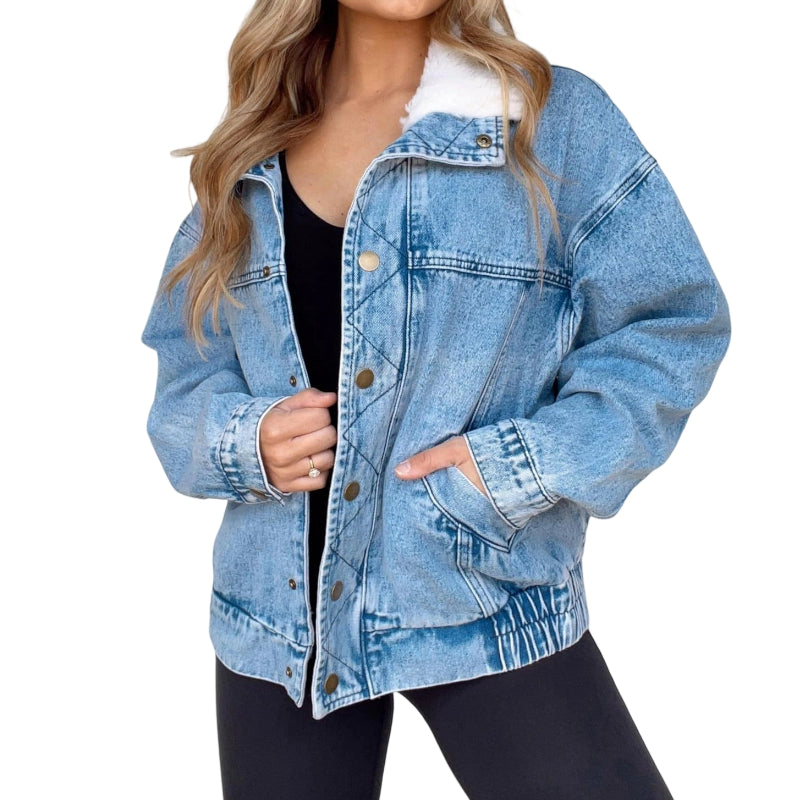 🔥Limited quantity, while stocks last🔥 Denim Jacket with Plush Faux Fur Collar for Women