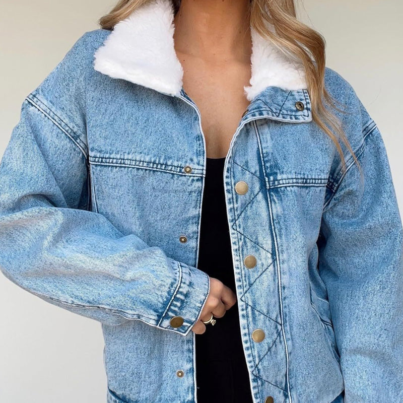 🔥Limited quantity, while stocks last🔥 Denim Jacket with Plush Faux Fur Collar for Women