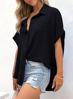 💥Hot Sale 49% Off🍃Women's Casual Button Short Sleeve Slit Hem Shirt Solid Color Tops