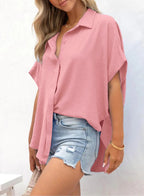 💥Hot Sale 49% Off🍃Women's Casual Button Short Sleeve Slit Hem Shirt Solid Color Tops