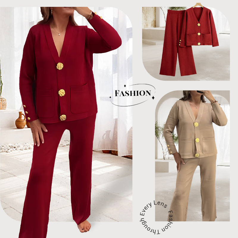 ⏳ Limited time 50% off! 💥Gold Button Soft Knit Trouser Co-Ord，Made of natural plant fibers