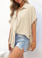 💥Hot Sale 49% Off🍃Women's Casual Button Short Sleeve Slit Hem Shirt Solid Color Tops