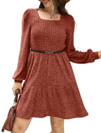 🍂2025 Autumn New Style 50% OFF⏰Women's Square Neck Lantern Sleeve Ribbed Dress|Glow in Autumnal Elegance!🍁