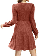 🍂2025 Autumn New Style 50% OFF⏰Women's Square Neck Lantern Sleeve Ribbed Dress|Glow in Autumnal Elegance!🍁