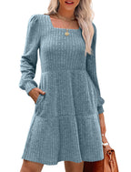 🍂2025 Autumn New Style 50% OFF⏰Women's Square Neck Lantern Sleeve Ribbed Dress|Glow in Autumnal Elegance!🍁