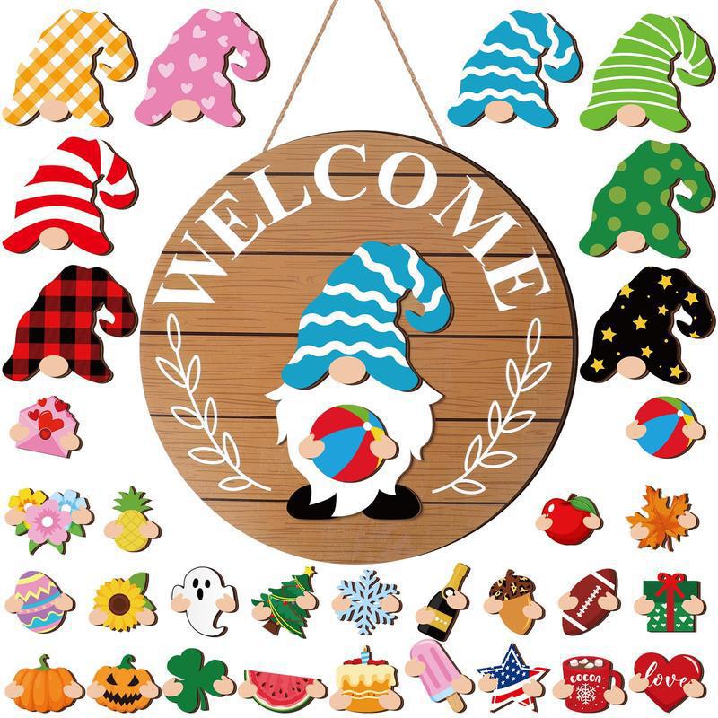 🍁Christmas Best Decorations🎄Interchangeable Wooden Gnome Welcome Sign🎈