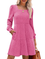 🍂2025 Autumn New Style 50% OFF⏰Women's Square Neck Lantern Sleeve Ribbed Dress|Glow in Autumnal Elegance!🍁