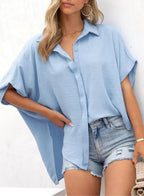 💥Hot Sale 49% Off🍃Women's Casual Button Short Sleeve Slit Hem Shirt Solid Color Tops