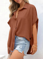 💥Hot Sale 49% Off🍃Women's Casual Button Short Sleeve Slit Hem Shirt Solid Color Tops