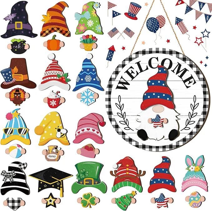 🍁Christmas Best Decorations🎄Interchangeable Wooden Gnome Welcome Sign🎈