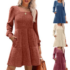 🍂2025 Autumn New Style 50% OFF⏰Women's Square Neck Lantern Sleeve Ribbed Dress|Glow in Autumnal Elegance!🍁