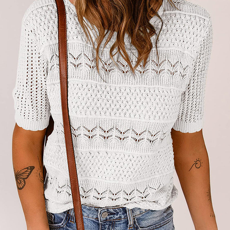 🎉Hot Sale 49% OFF🎉Women's Round Neck Hollow Knit Crochet Short Sleeve Sweater