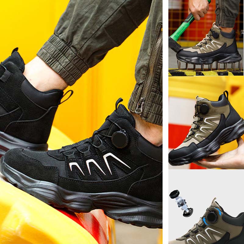 Safety Trainers Men Steel Toe Cap Trainers Lightweight Safety Shoes Swivel Buckle Shoelace Comfortable Work Trainers Laceless Work Boots Men Rotary Button Steel Toe Cap Shoes