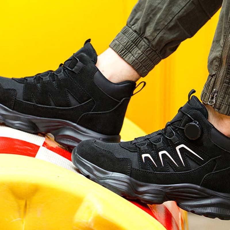 Safety Trainers Men Steel Toe Cap Trainers Lightweight Safety Shoes Swivel Buckle Shoelace Comfortable Work Trainers Laceless Work Boots Men Rotary Button Steel Toe Cap Shoes