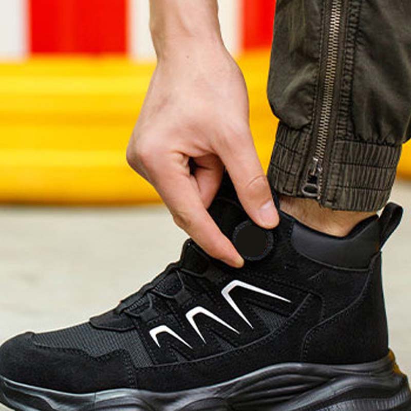 Safety Trainers Men Steel Toe Cap Trainers Lightweight Safety Shoes Swivel Buckle Shoelace Comfortable Work Trainers Laceless Work Boots Men Rotary Button Steel Toe Cap Shoes