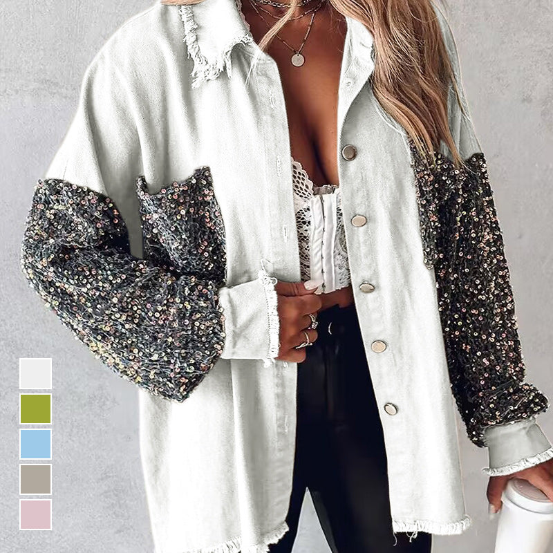 🔥Hot Sale 50% OFF⏳Women's Trendy Sequin Patchwork Coat with Raw Hem