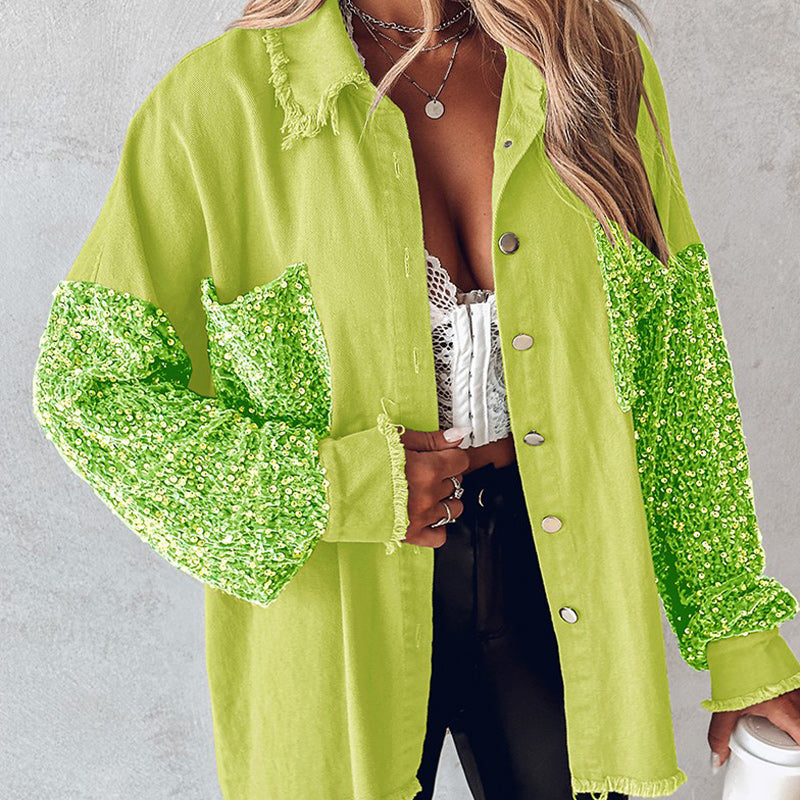 🔥Hot Sale 50% OFF⏳Women's Trendy Sequin Patchwork Coat with Raw Hem