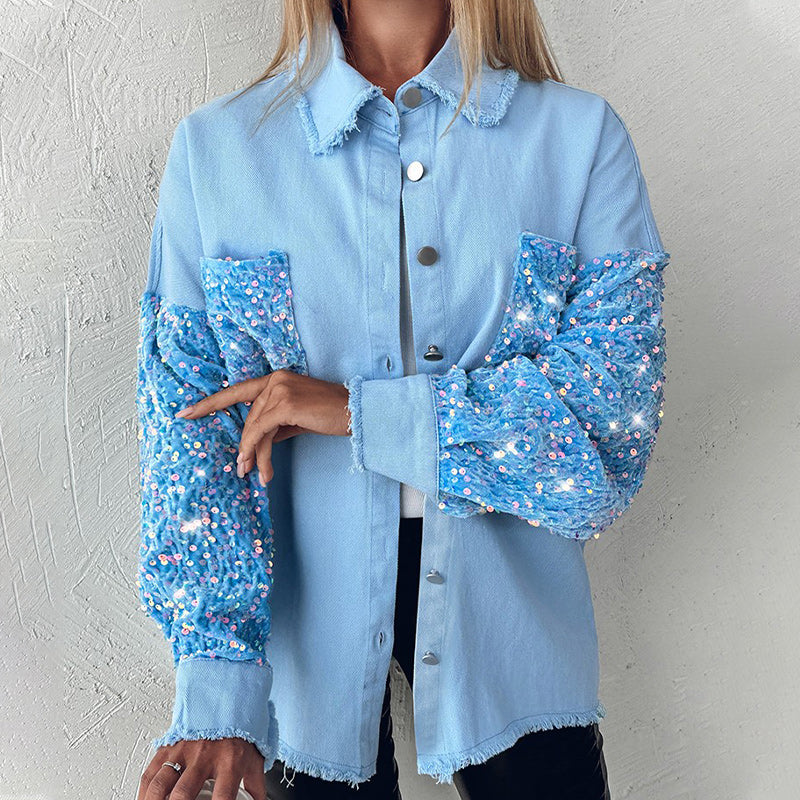 🔥Hot Sale 50% OFF⏳Women's Trendy Sequin Patchwork Coat with Raw Hem