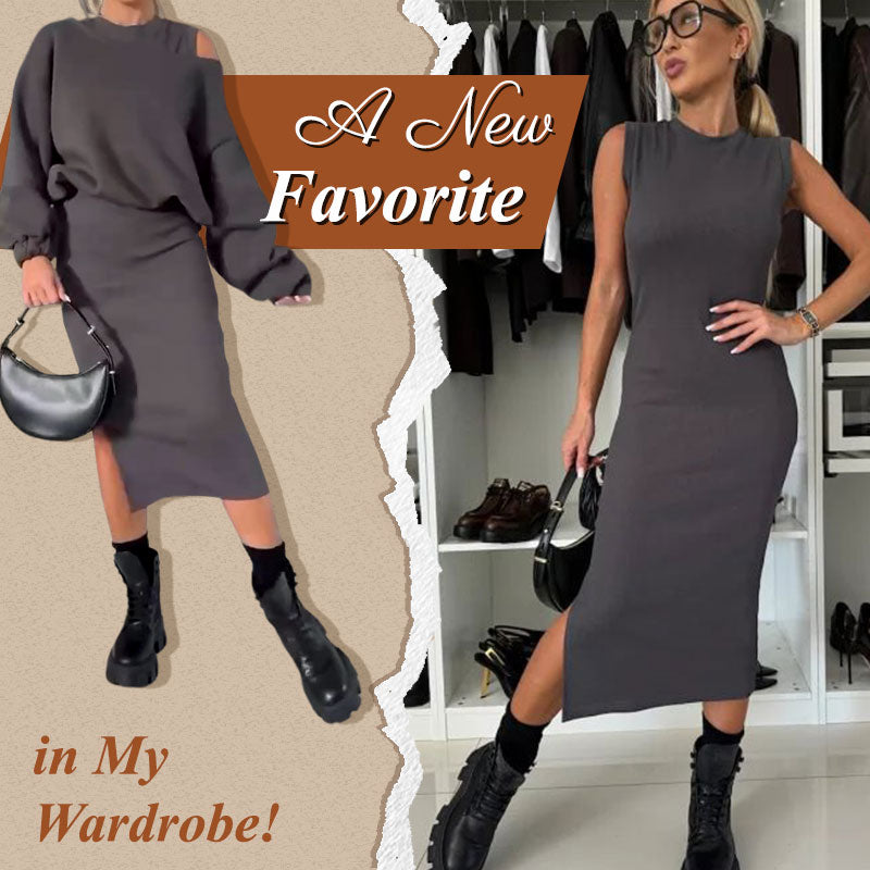 ❄️Early Winter Discount-50% OFF💃Women's Slanted Shoulder Sweatshirt & Sleeveless Dress Set