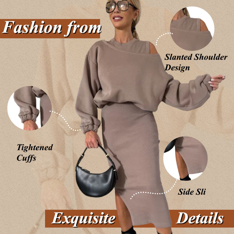 ❄️Early Winter Discount-50% OFF💃Women's Slanted Shoulder Sweatshirt & Sleeveless Dress Set