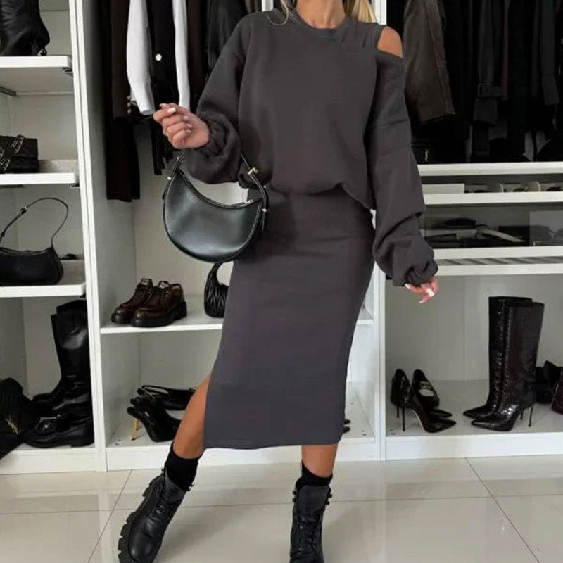 ❄️Early Winter Discount-50% OFF💃Women's Slanted Shoulder Sweatshirt & Sleeveless Dress Set