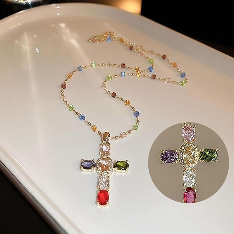 👛 50% OFF NOW! 💖Colorful Rhinestone Cross Pendant Necklaces