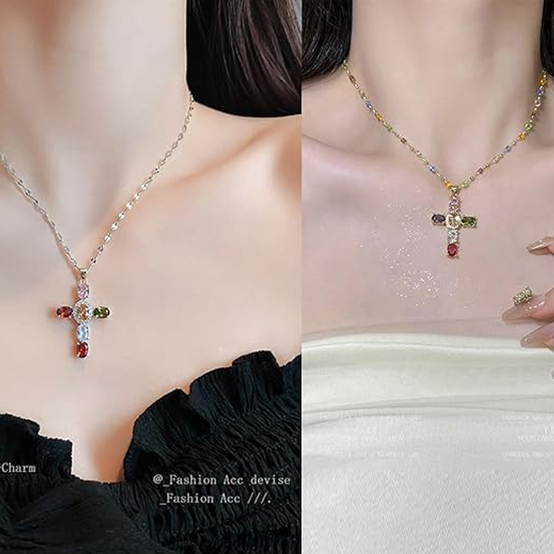 👛 50% OFF NOW! 💖Colorful Rhinestone Cross Pendant Necklaces